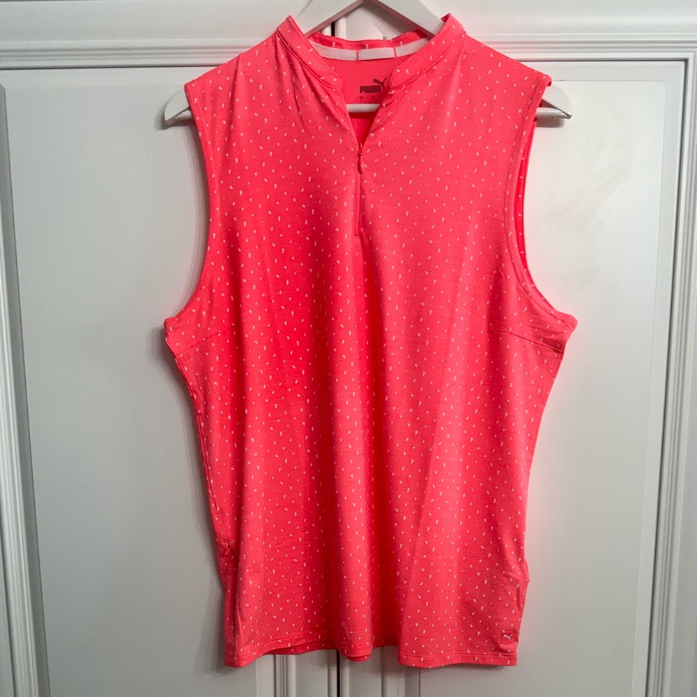 Puma Women’s Size Large Sleeveless Orange with White Polka Dots Golf Shirt